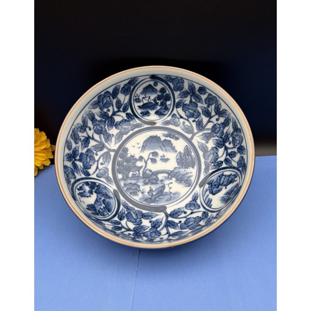 Japanese/Chinese Imari Style Blue & White Porcelain Rice Soup Bowl - 7" Diameter
